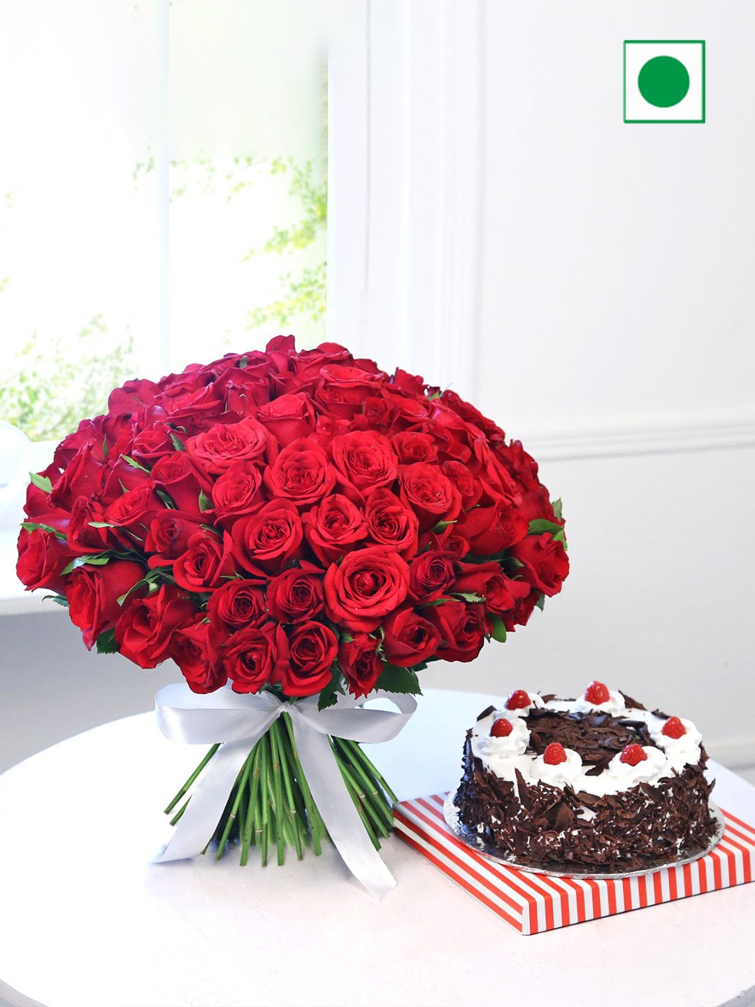 

IGP Red Bouquet With Round Shape Black Forest Eggless Cake -500g, Brown