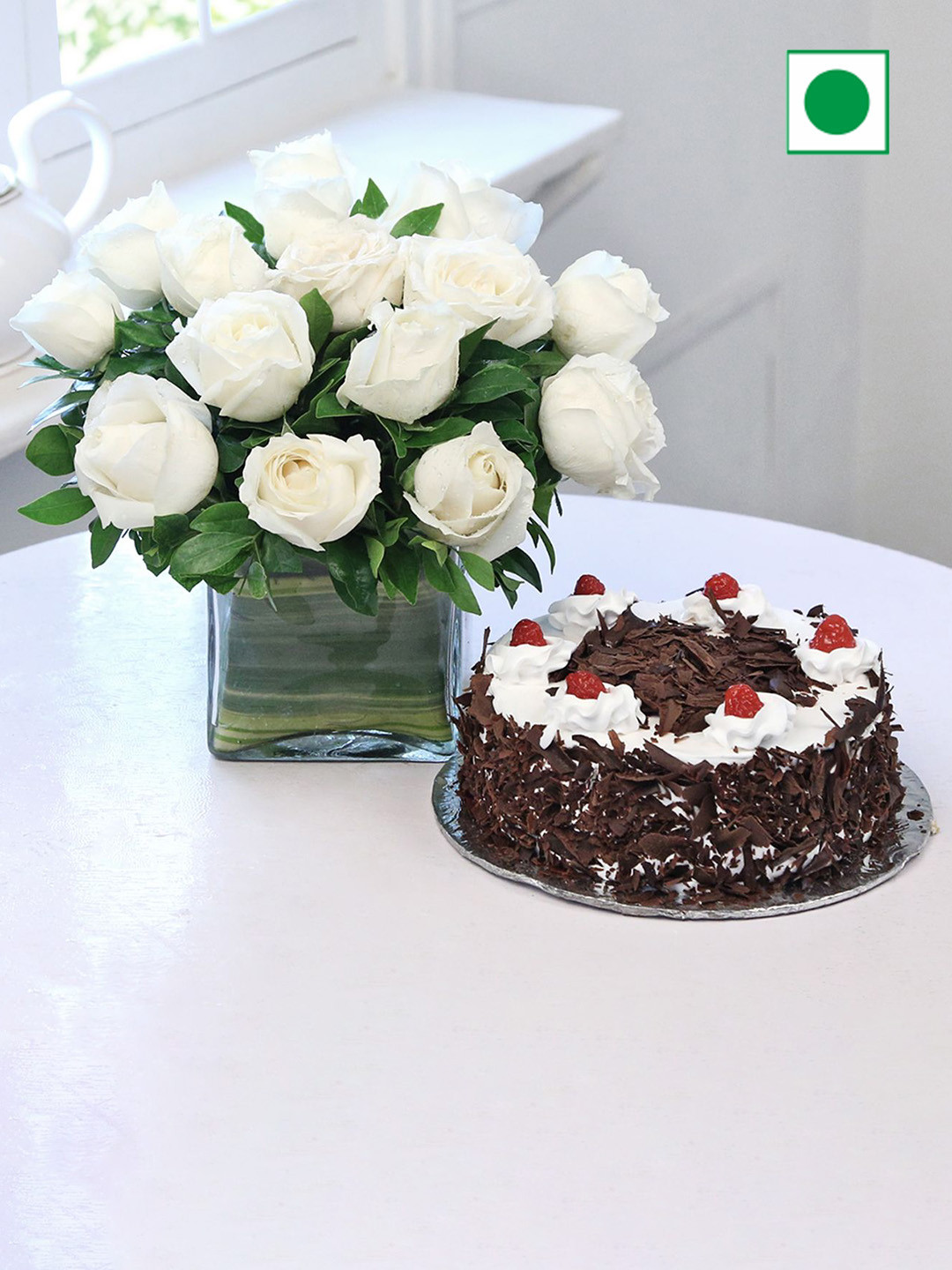 

IGP White Bouquet With Round Shape Black Forest Eggless Cake -500g, Brown