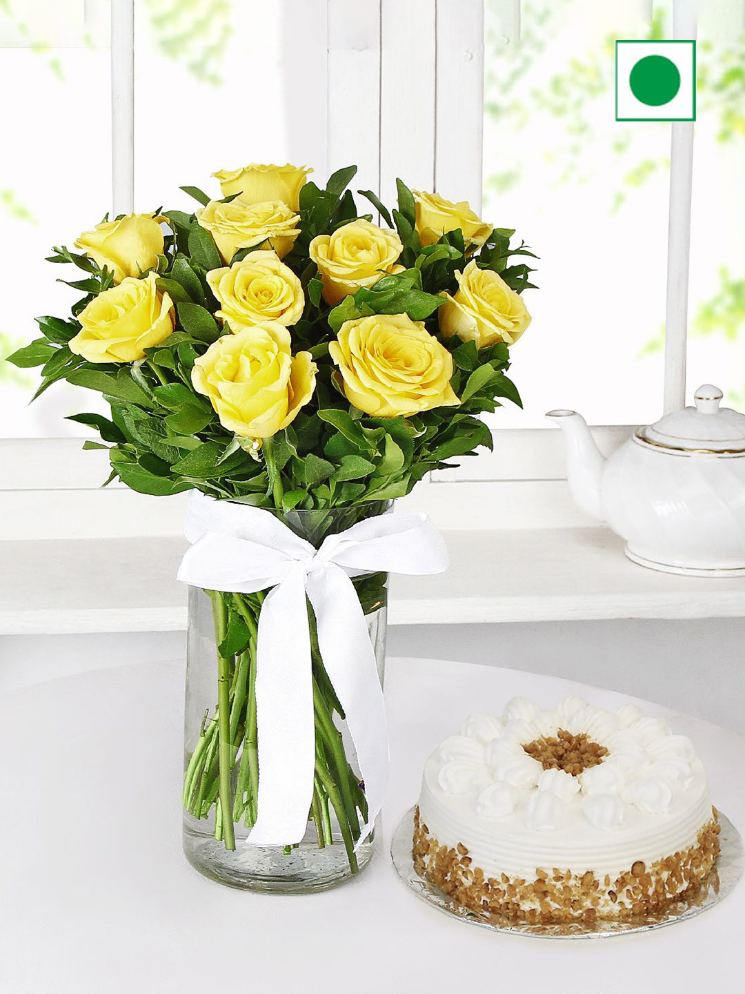 

IGP Yellow Bouquet With Round Shape Butterscotch Eggless Cake -500g, White