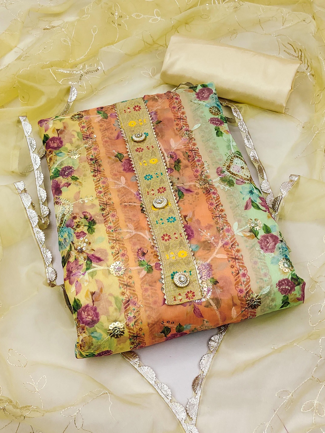 

KIMISHA Printed Organza Unstitched Dress Material, Yellow