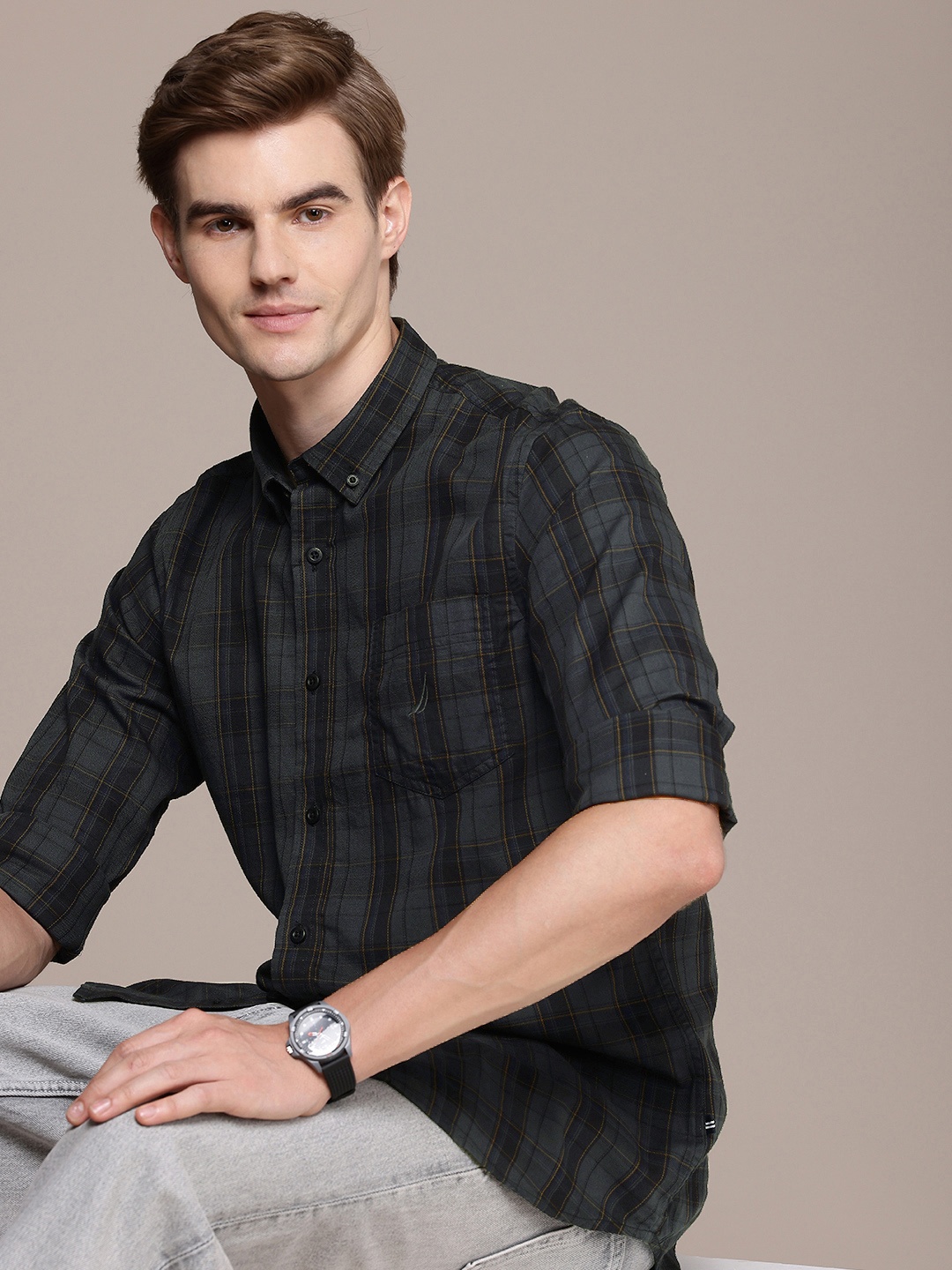 

Nautica Pure Cotton Slim Fit Checked Casual Shirt, Grey