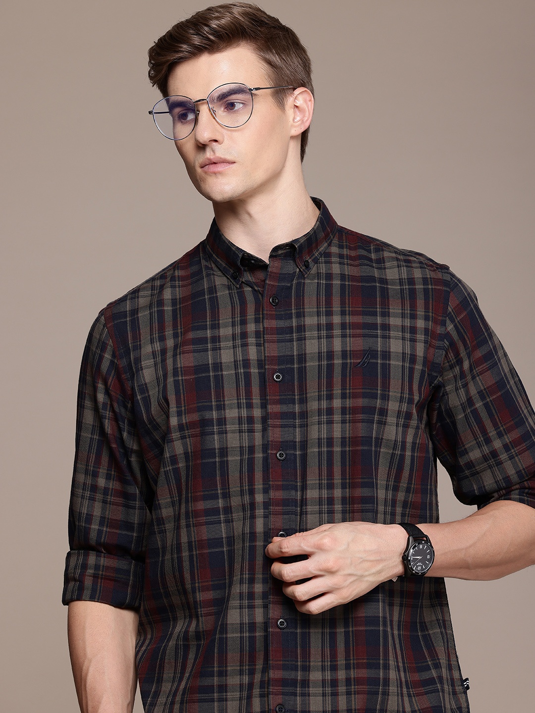 

Nautica Classic Opaque Checked Pure Cotton Casual Shirt, Navy blue