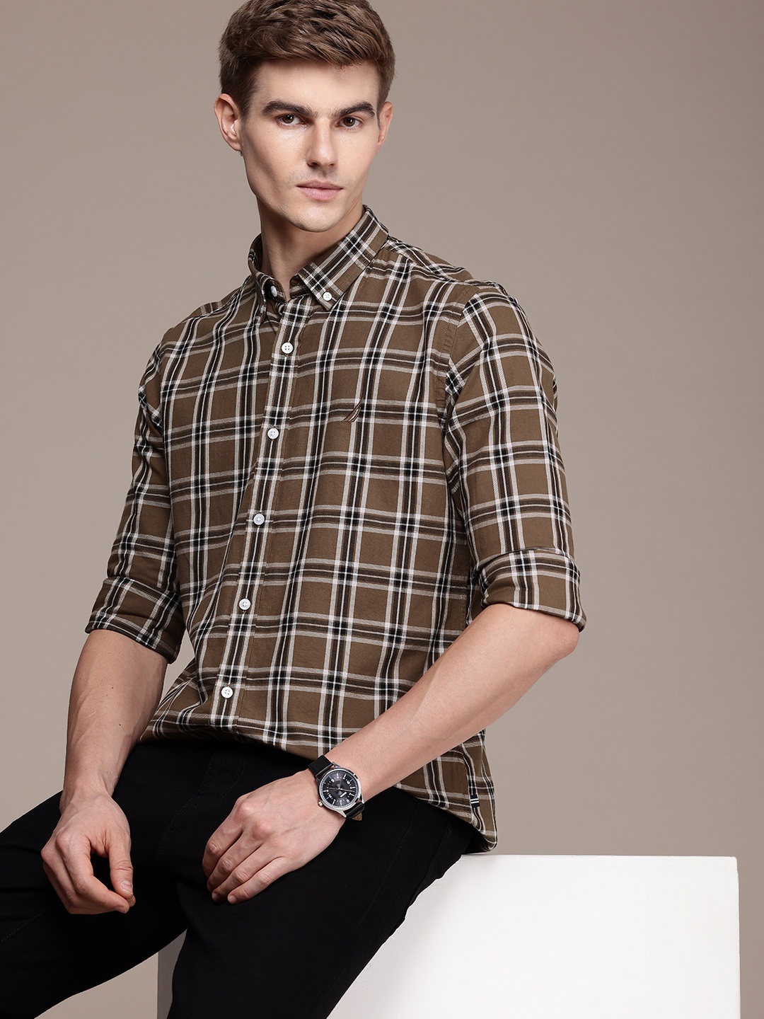 

Nautica Pure Cotton Classic Fit Checked Casual Shirt, Brown