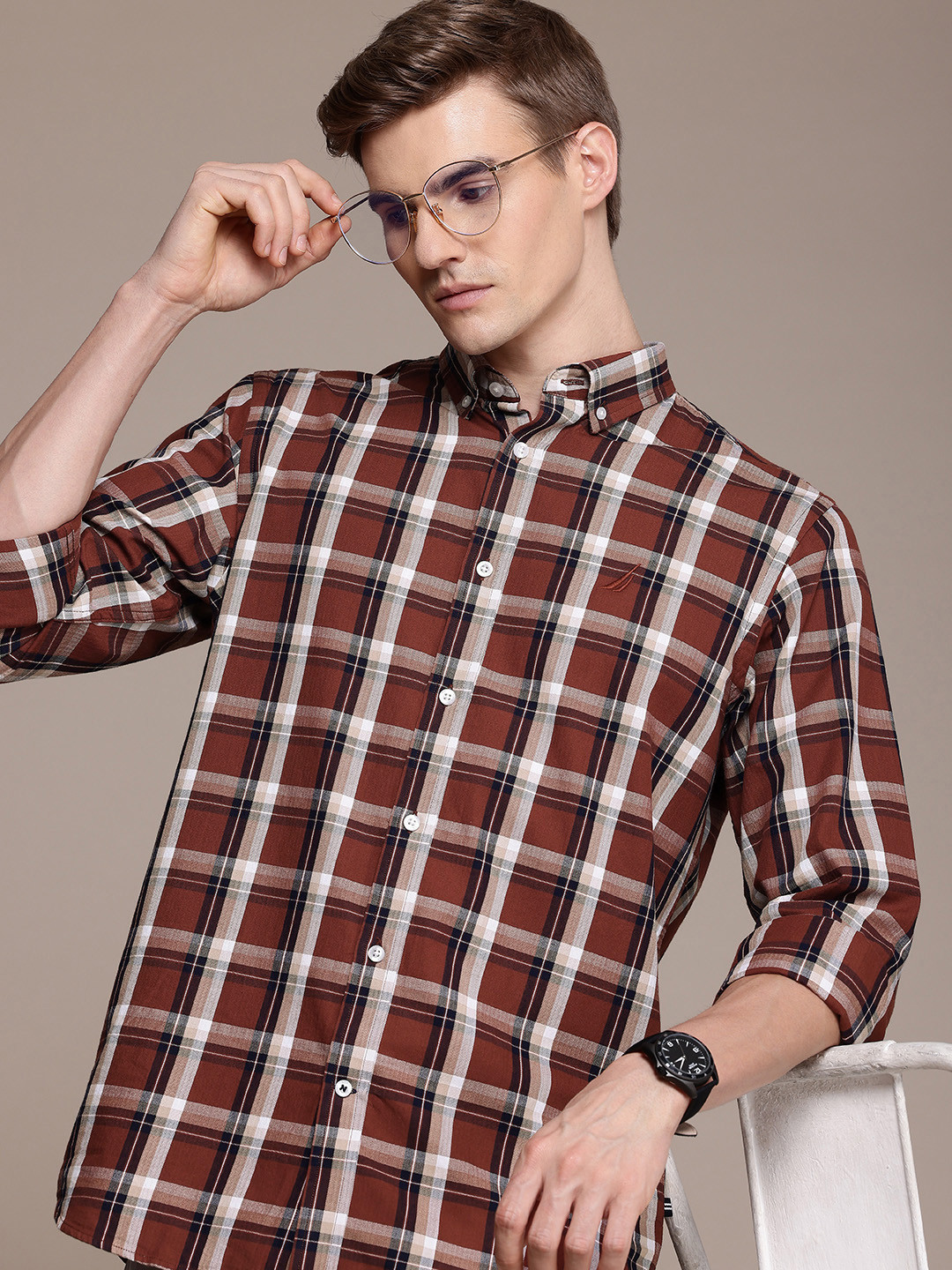 

Nautica Pure Cotton Classic Checked Casual Shirt, Brown