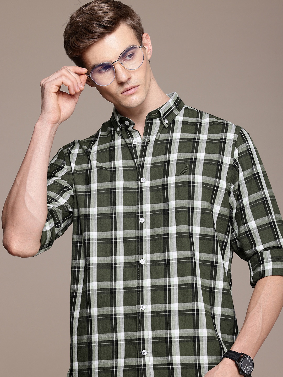 

Nautica Classic Tartan Checks Opaque Pure Cotton Casual Shirt, Olive
