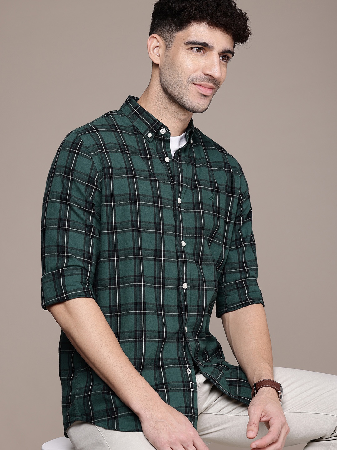 

Nautica Classic Tartan Checked Button-Down Collar Pure Cotton Casual Shirt, Green