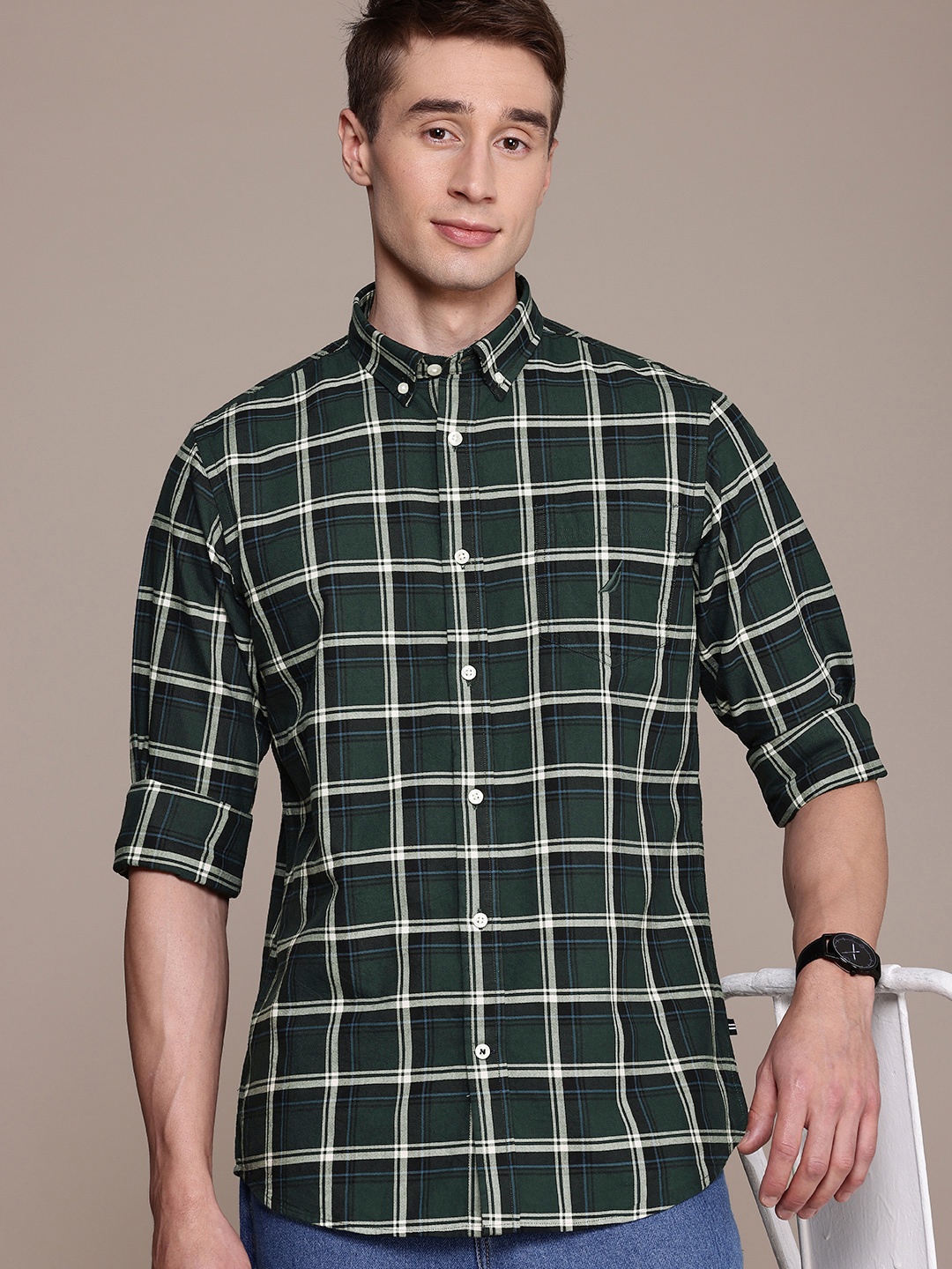 

Nautica Pure Cotton Classic Tartan Checked Casual Shirt, Green