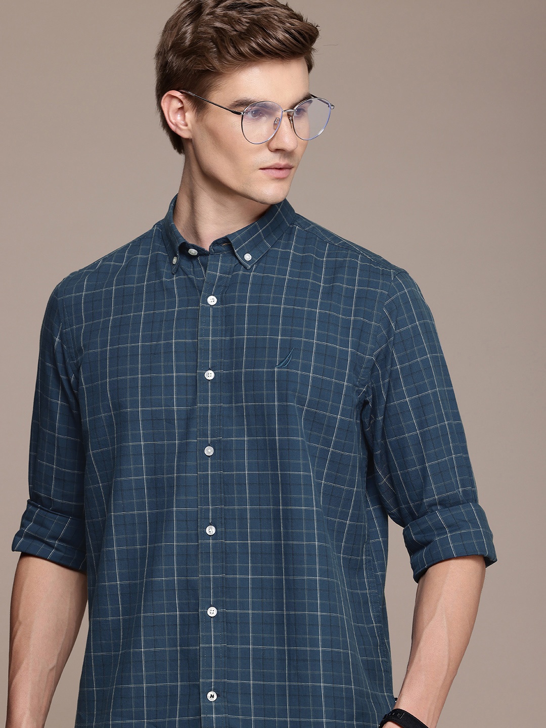 

Nautica Pure Cotton Classic Grid Tattersall Checked Casual Shirt, Blue