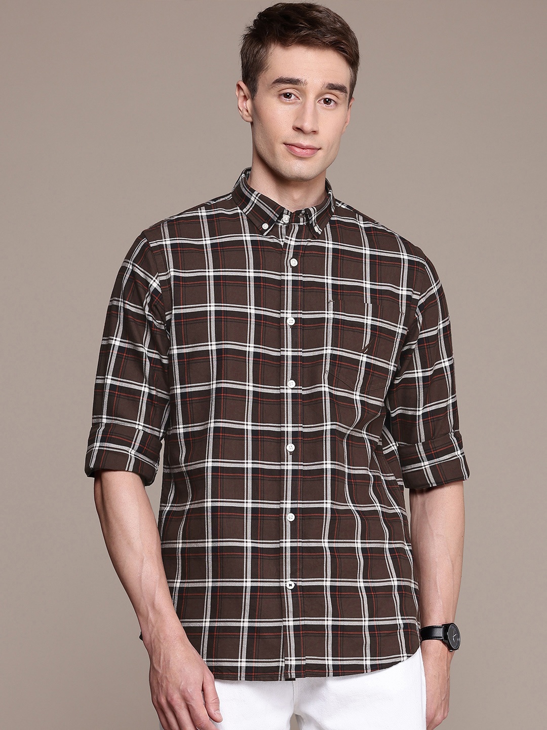 

Nautica Classic Fit Checked Pure Cotton Casual Shirt, Brown