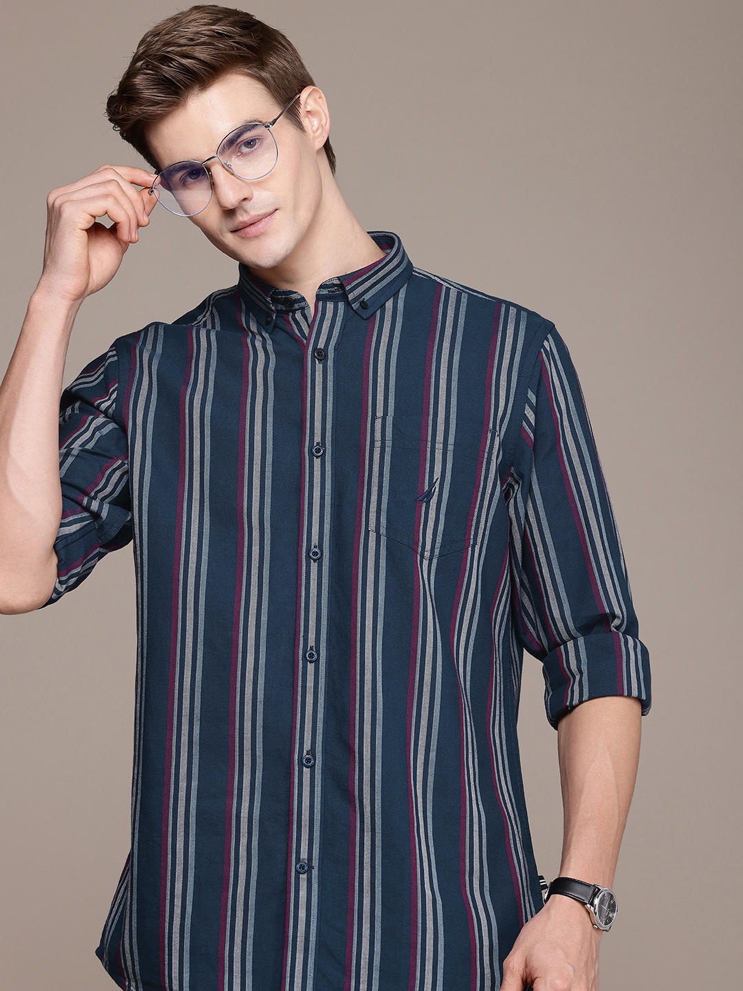 

Nautica Pure Cotton Classic Fit Opaque Striped Casual Shirt, Navy blue