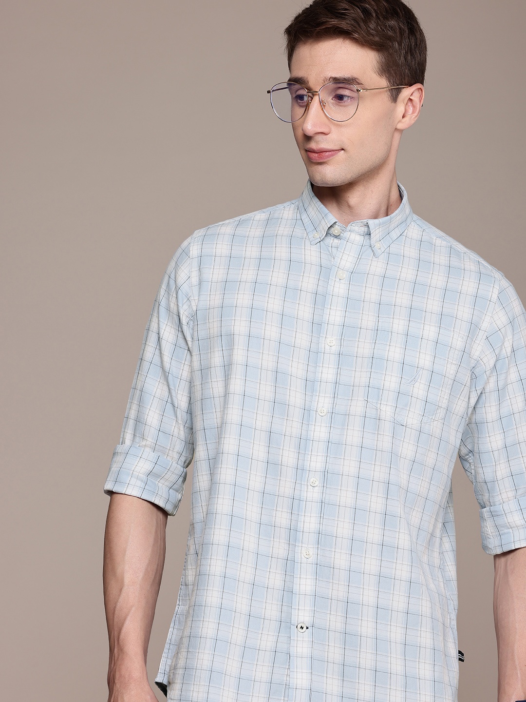 

Nautica Pure Cotton Classic Tartan Checked Casual Shirt, Blue