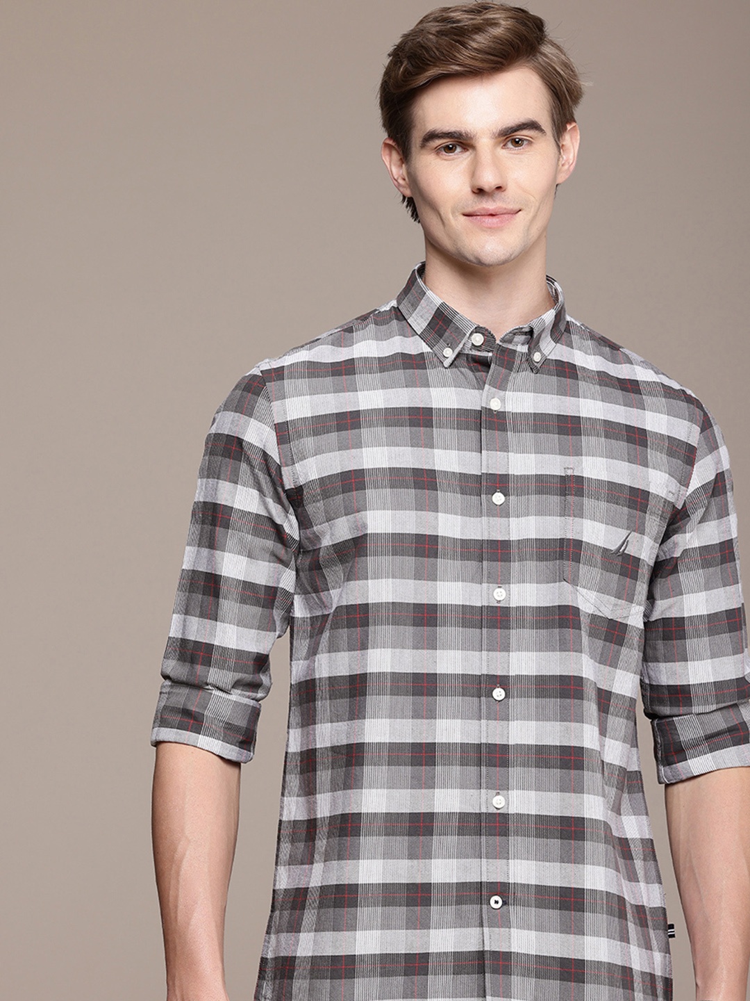 

Nautica Pure Cotton Slim Fit Checked Casual Shirt, Grey