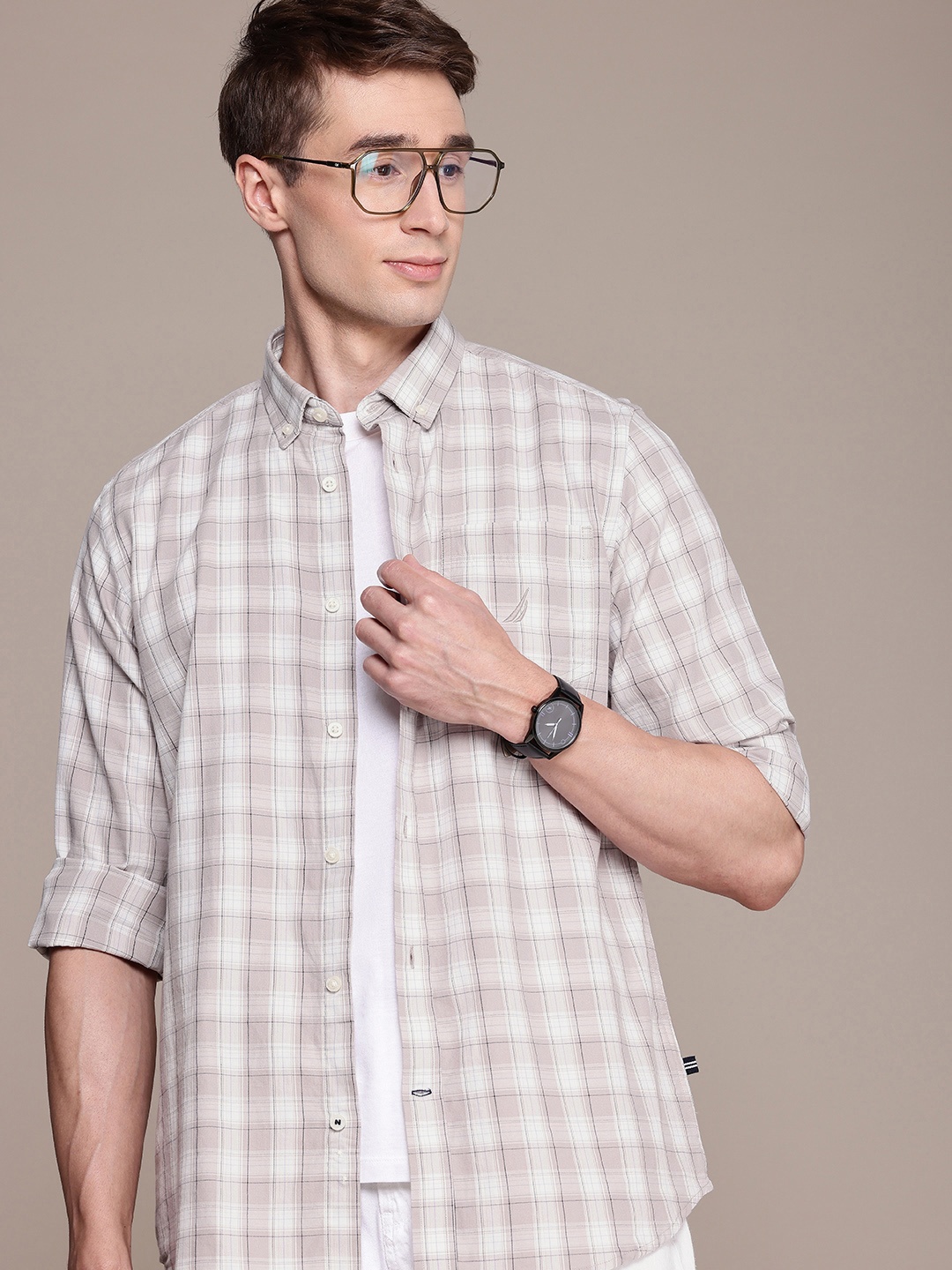 

Nautica Classic Checked Pure Cotton Casual Shirt, White
