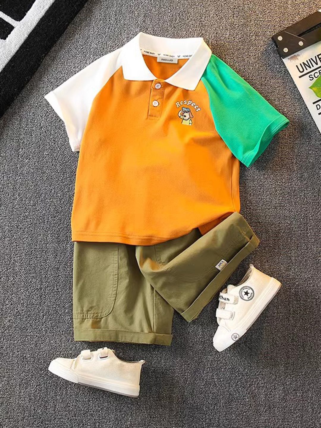 INCLUD Boys Colourblocked T-shirt with Shorts, Orange