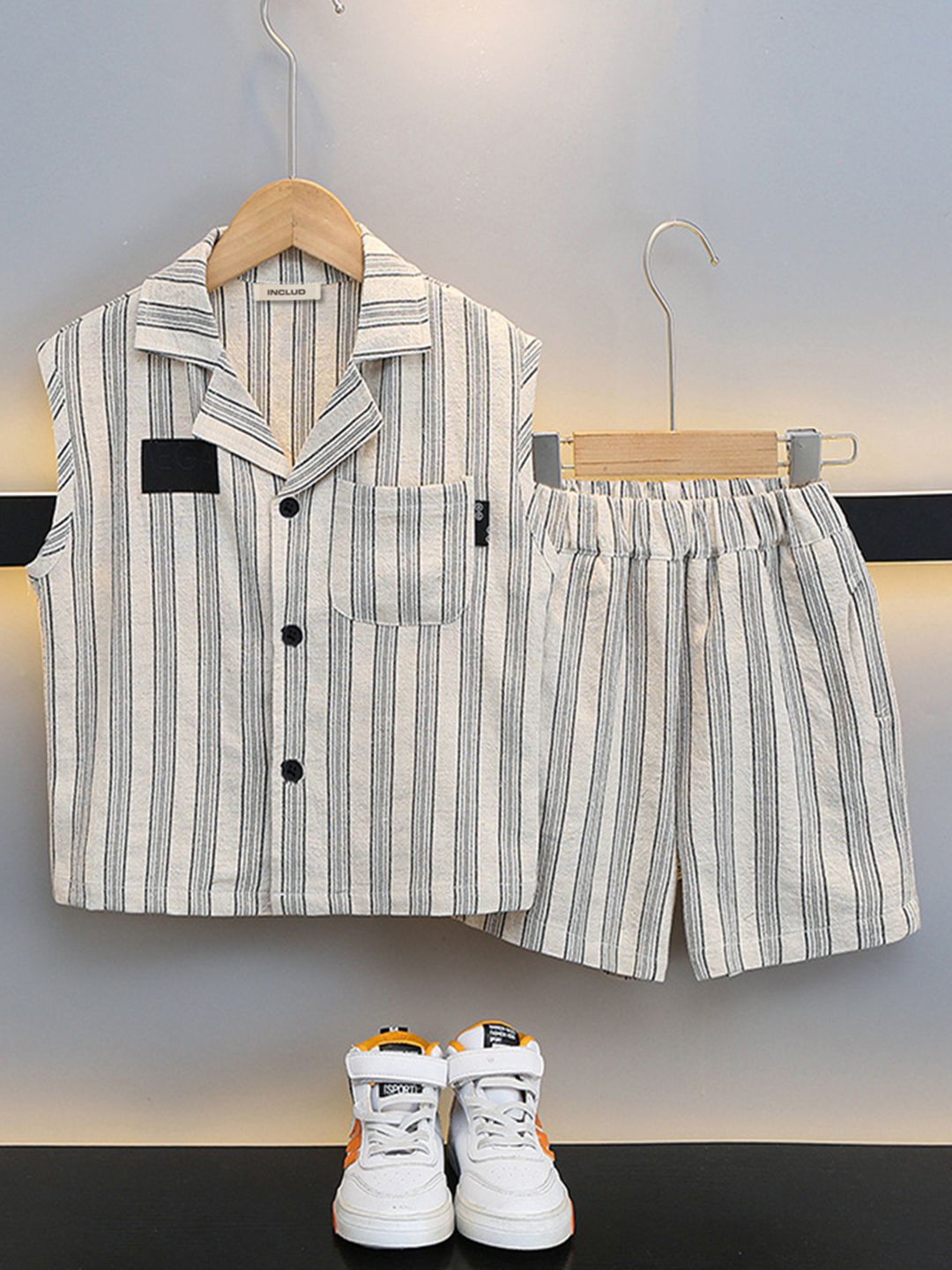 

INCLUD Boys Striped Shirt with Shorts, Beige