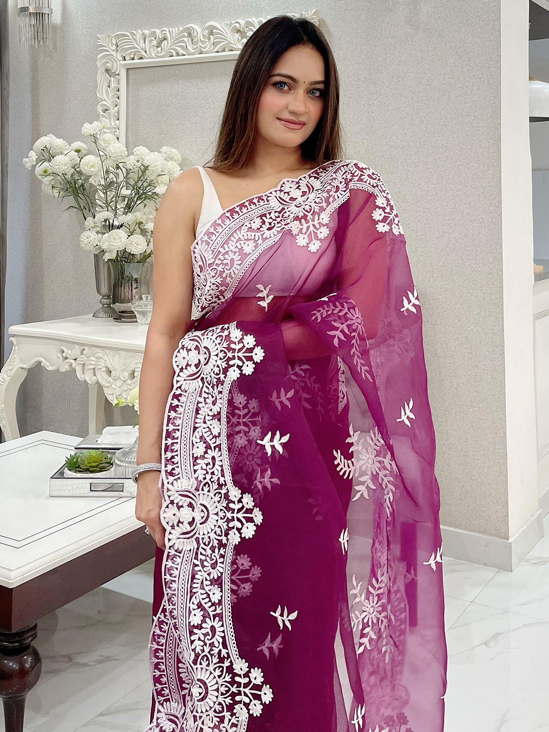 

KIMISHA Floral Embroidered Organza Saree, Purple