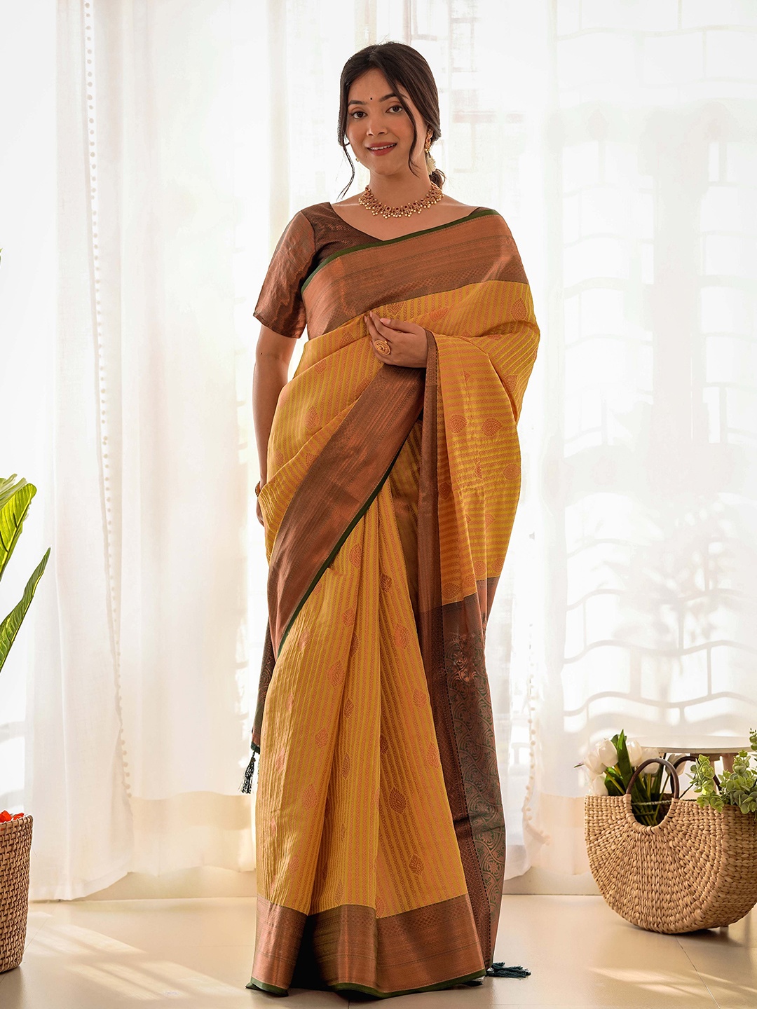 

KIMISHA Woven Design Zari Kanjeevaram Saree, Mustard