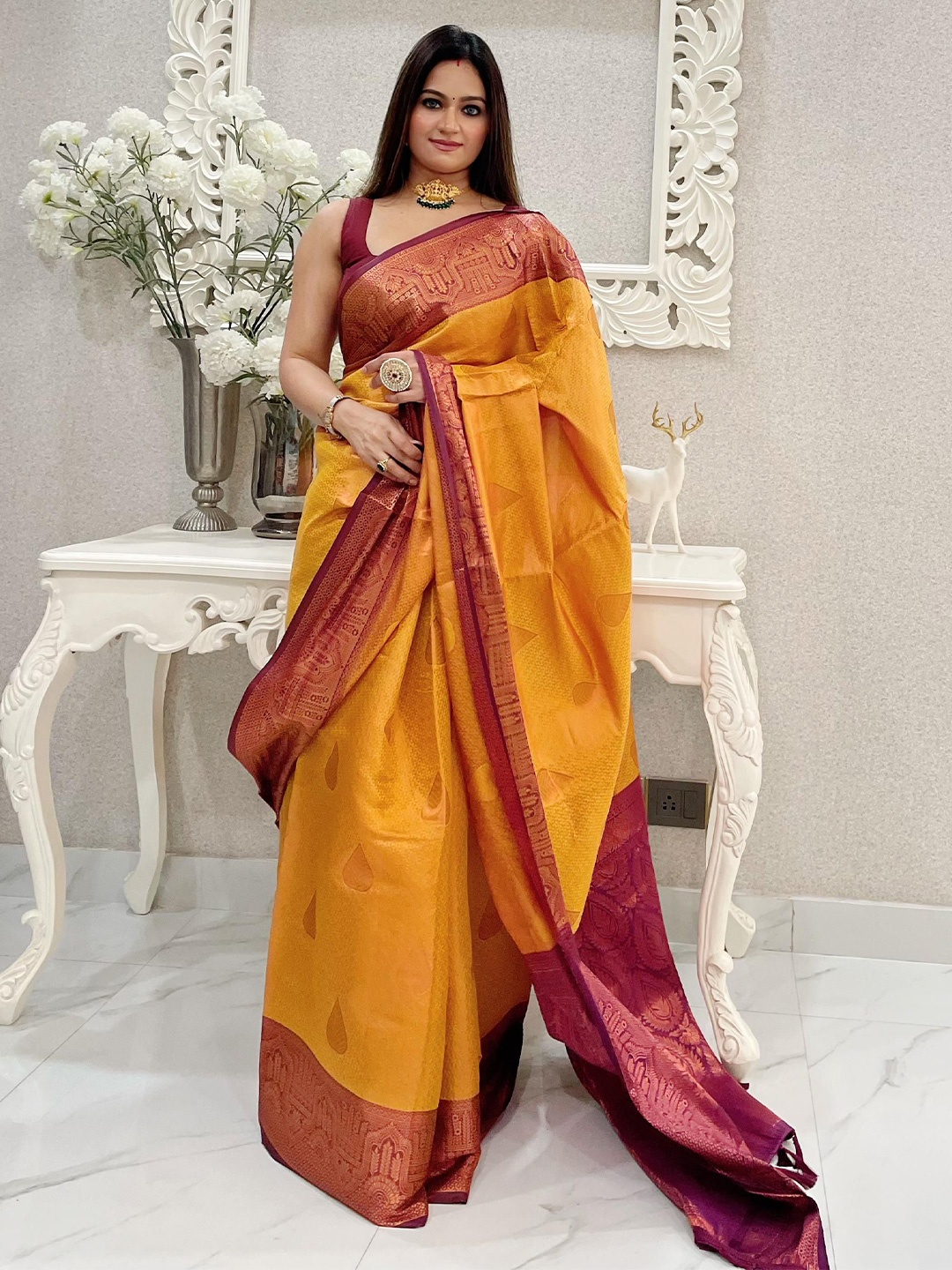 

KIMISHA Ethnic Motifs Zari Kanjeevaram Saree, Mustard