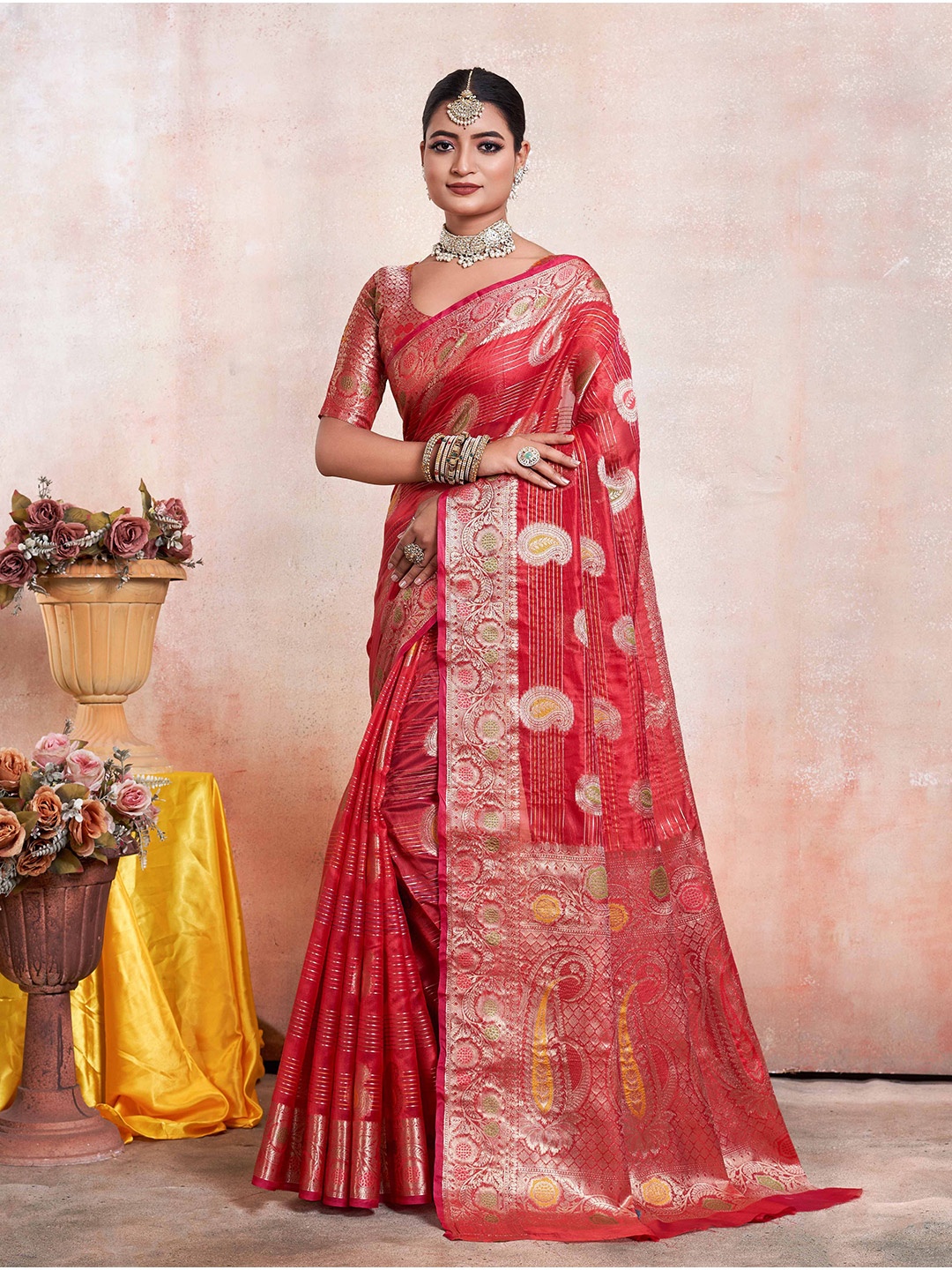 

KIMISHA Paisley Zari Organza Kanjeevaram Saree, Red