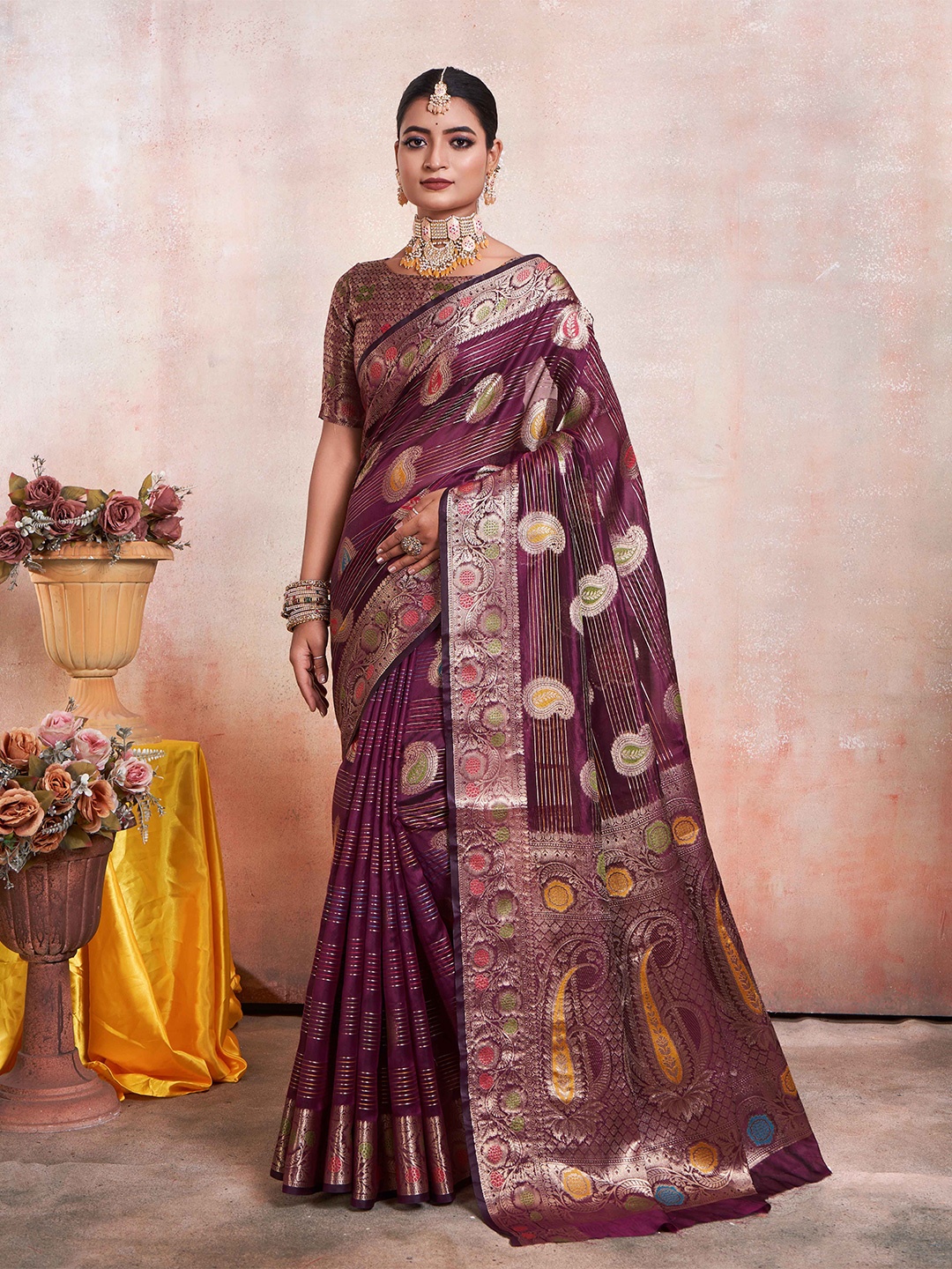 

KIMISHA Paisley Zari Organza Kanjeevaram Saree, Purple