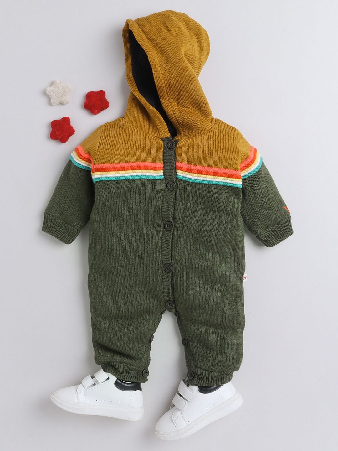 

Yellow Apple Kids Unisex Striped Woolen Full Sleeve Rompers, Olive