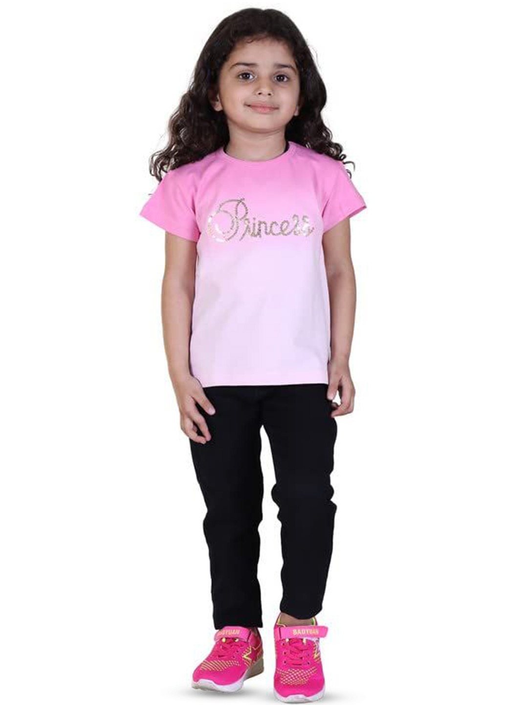 

Yellow Apple Kids Round Neck Typography Printed T-shirt, Pink