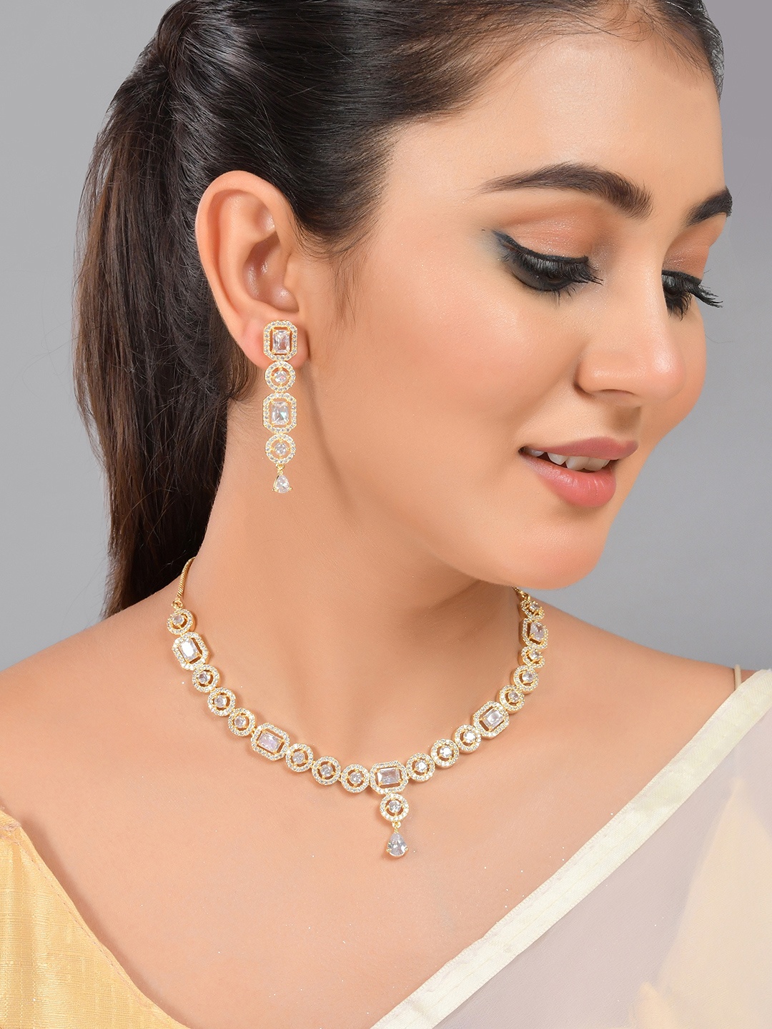

Voylla Women Gold-Plated Kundan & Pearls Studded Layered Jewellery Set