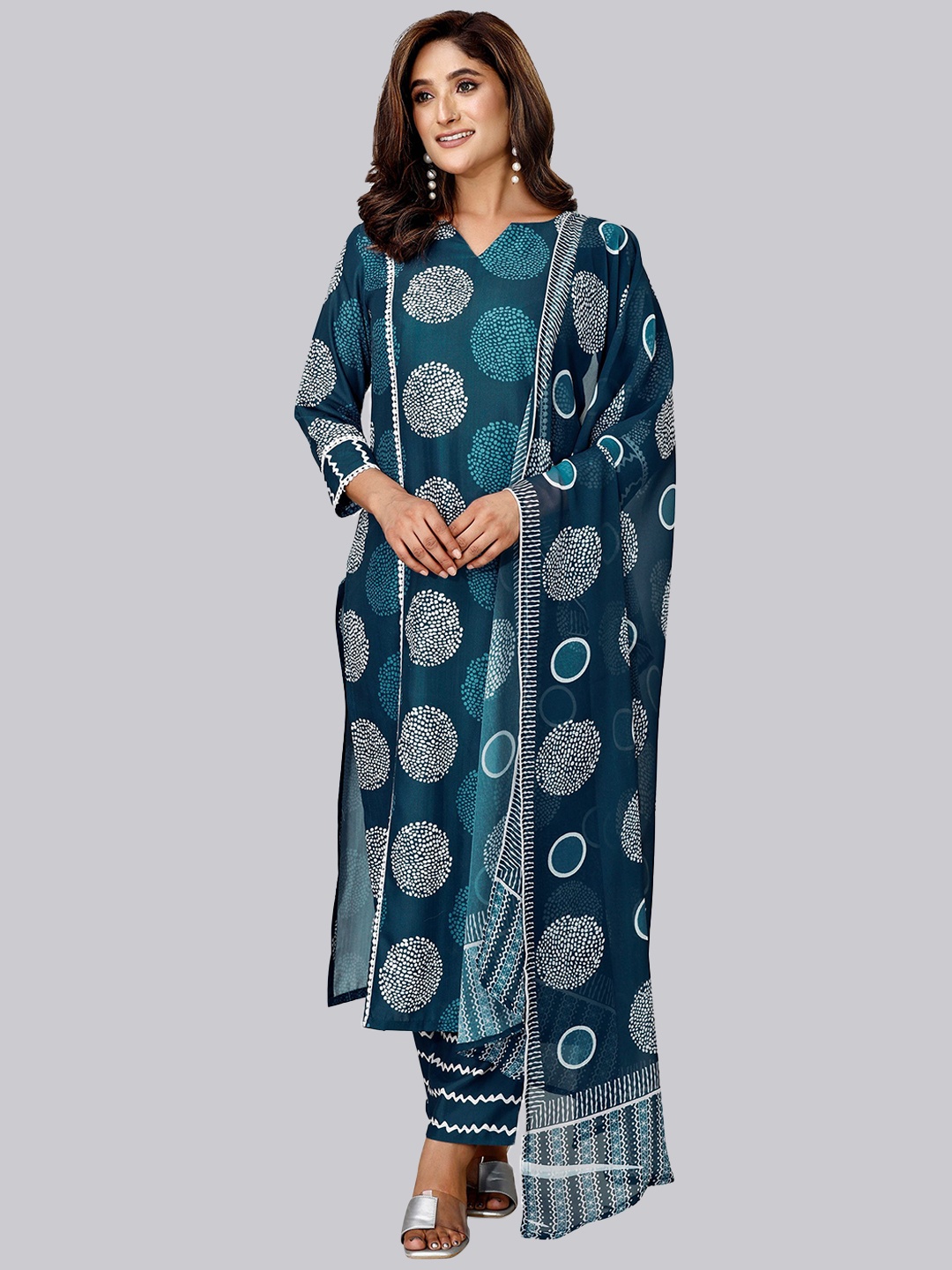 

FAB GALAXY Geometric Printed Regular Straight Kurta With Trousers & Dupatta, Teal