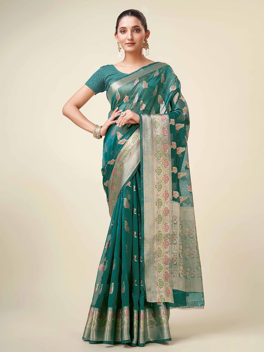 

KIMISHA Woven Design Zari Organza Kanjeevaram Saree, Green