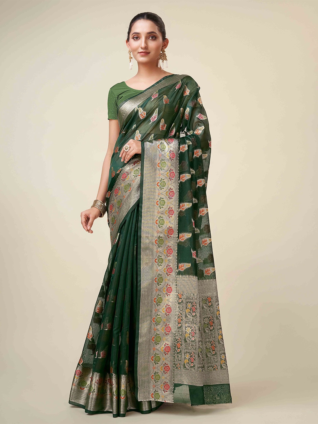 

KIMISHA Woven Design Zari Organza Kanjeevaram Saree, Green