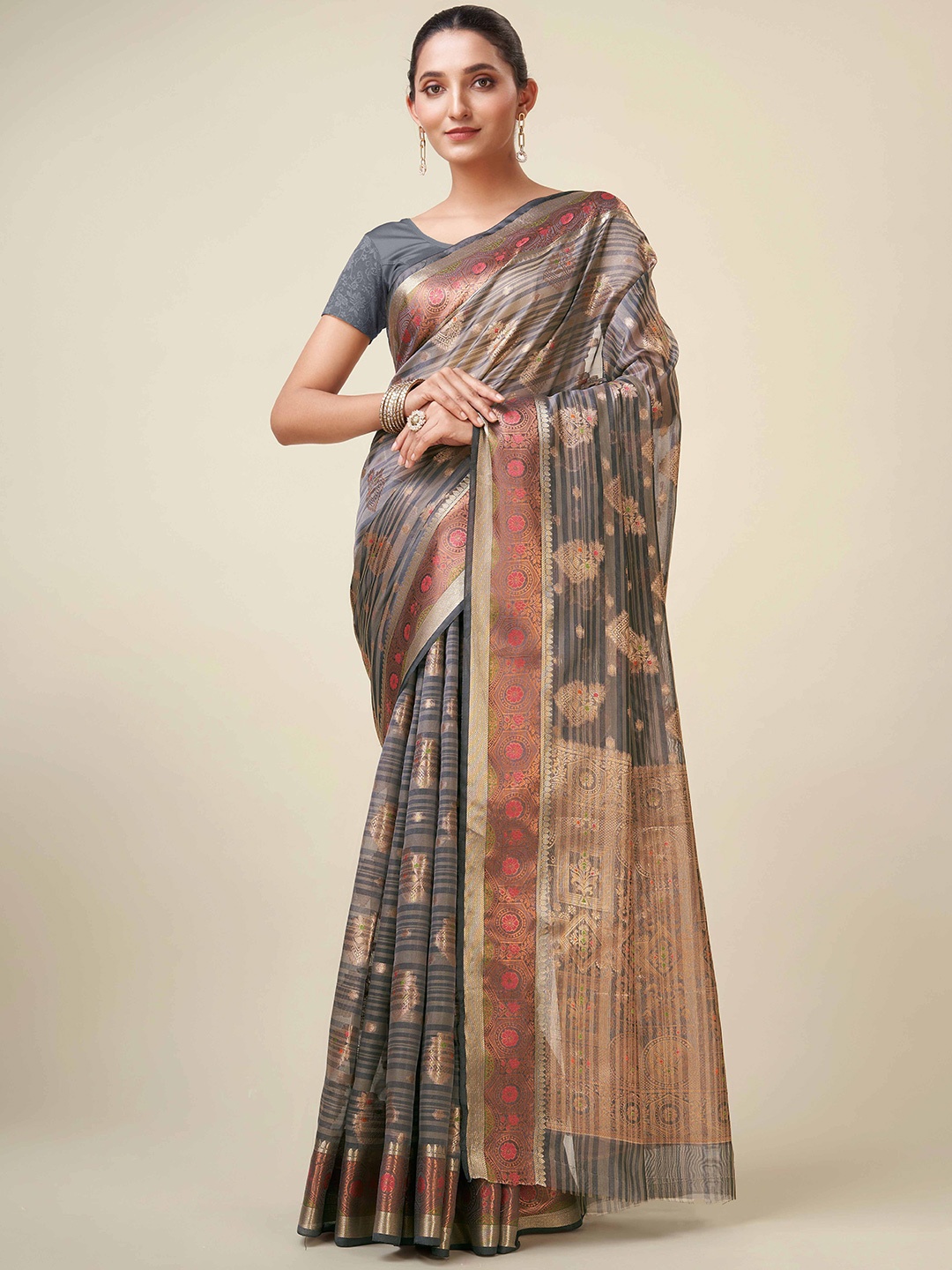 

KIMISHA Woven Design Zari Organza Kanjeevaram Saree, Grey