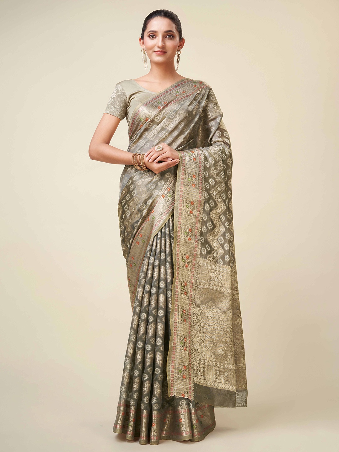

KIMISHA Woven Design Zari Organza Kanjeevaram Saree, Grey