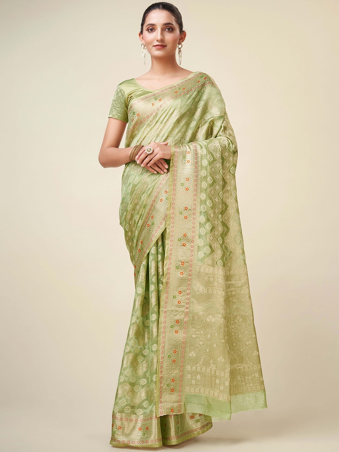 

KIMISHA Woven Design Zari Organza Kanjeevaram Saree, Green