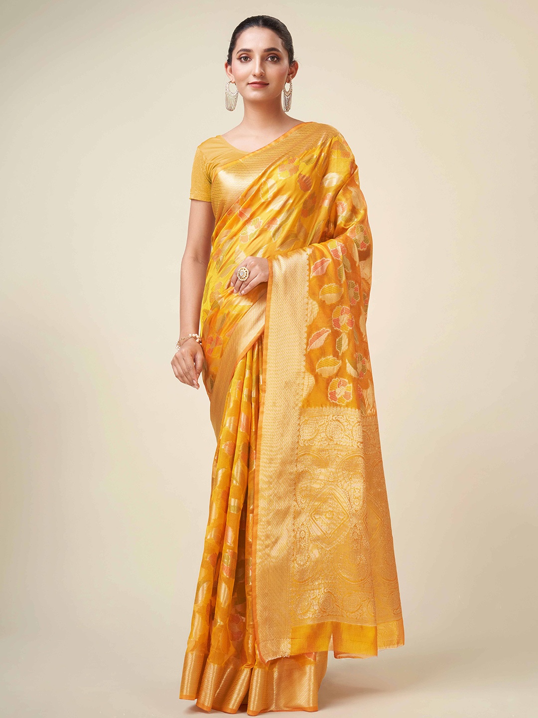 

KIMISHA Woven Design Zari Organza Kanjeevaram Saree, Mustard