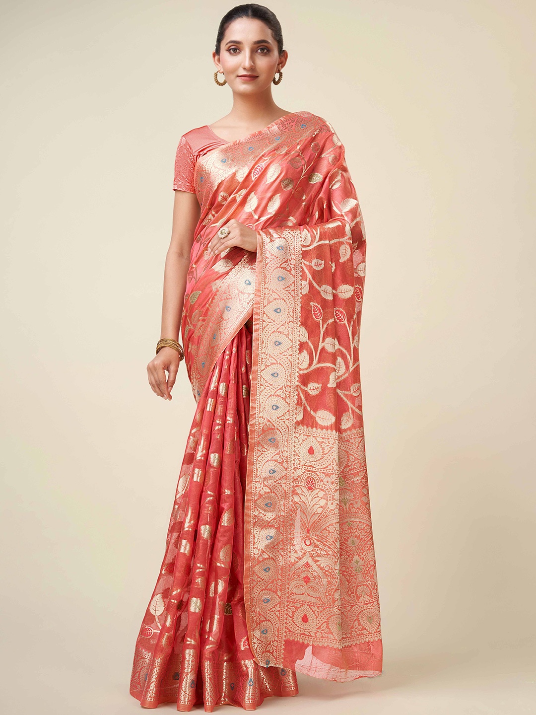 

KIMISHA Woven DesignZari Organza Kanjeevaram Saree, Coral