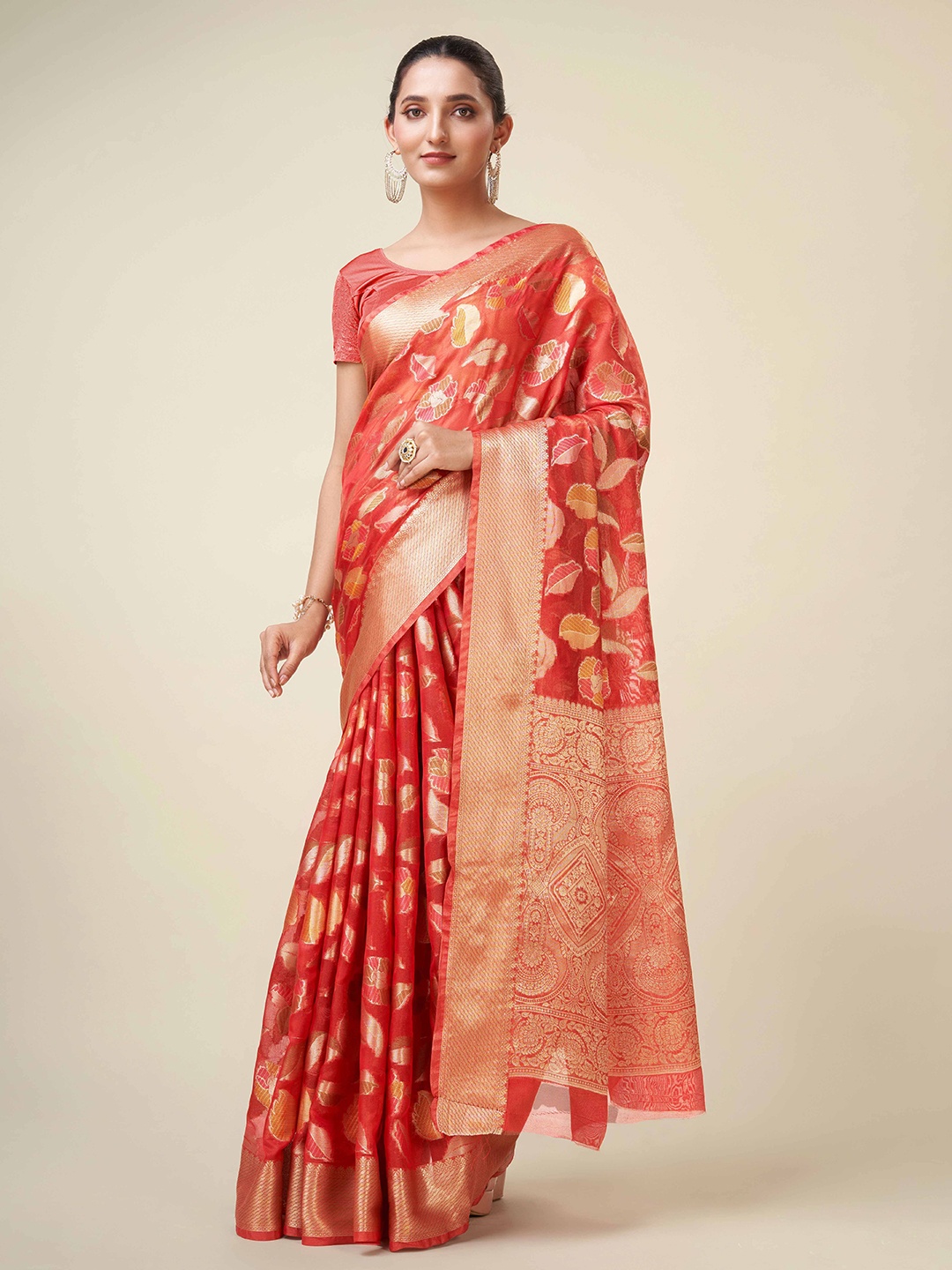 

KIMISHA Woven Design Zari Organza Kanjeevaram Saree, Red