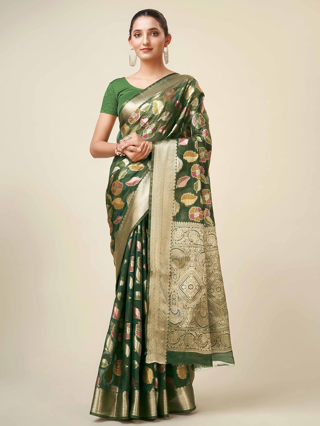 

KIMISHA Woven Design Zari Organza Kanjeevaram Saree, Green