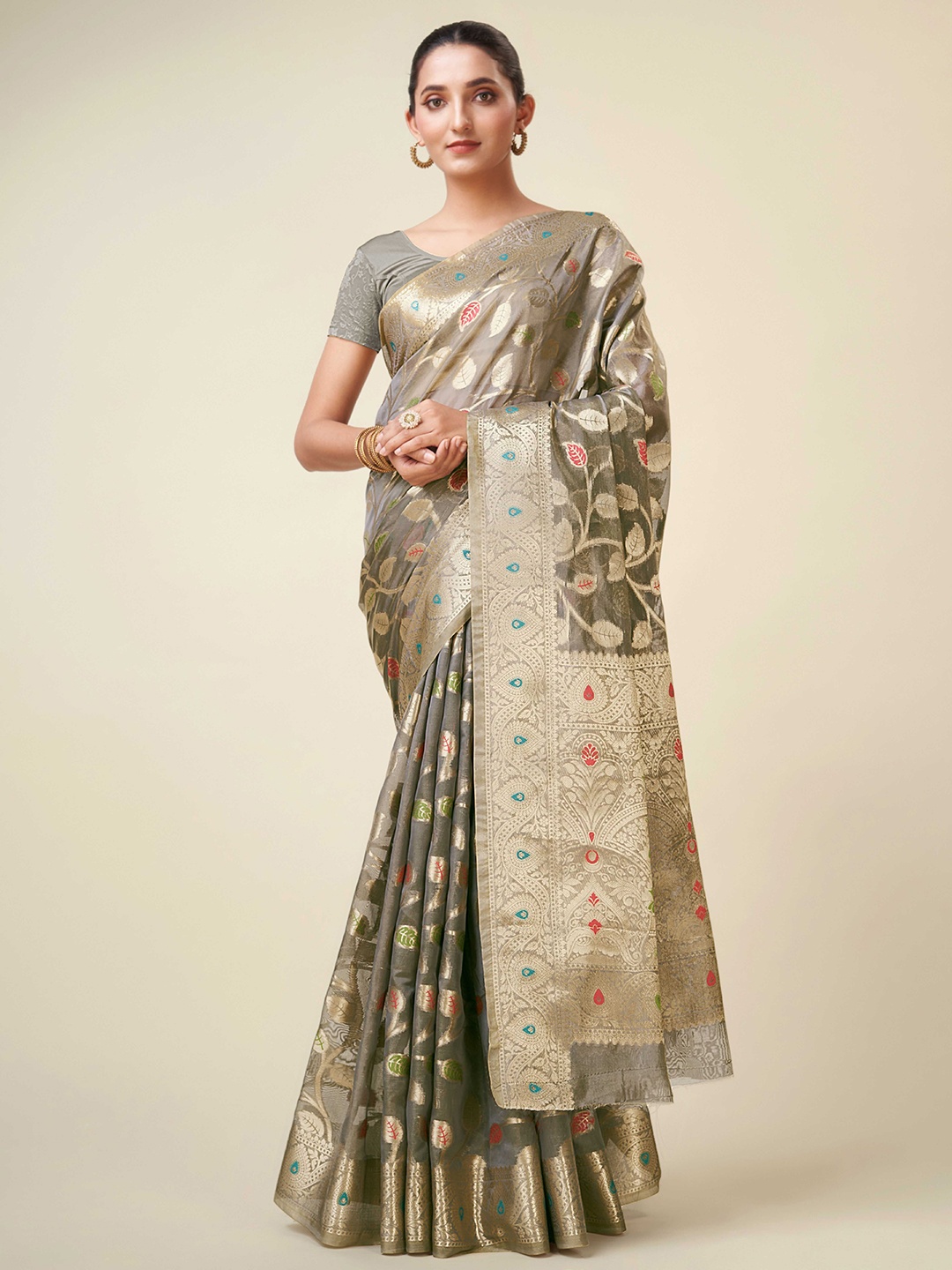 

KIMISHA Woven Design Zari Organza Kanjeevaram Saree, Grey