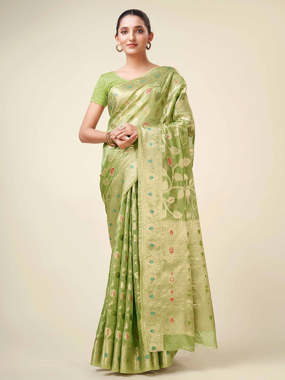 

KIMISHA Woven Design Zari Organza Kanjeevaram Saree, Green