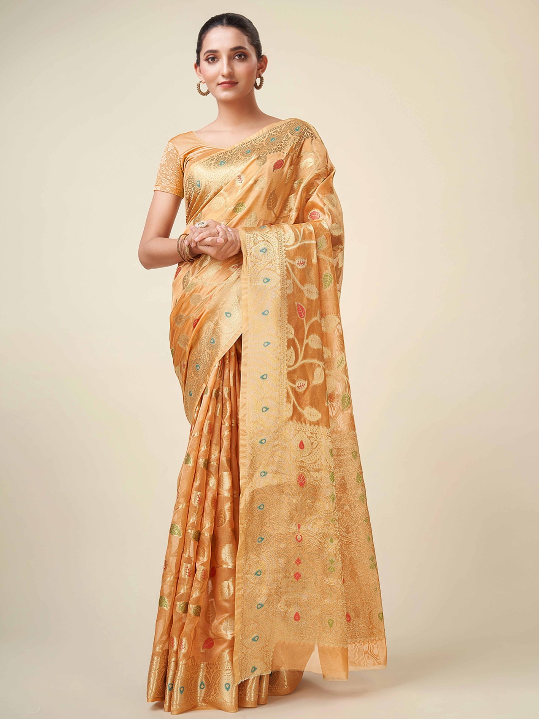 

KIMISHA Woven Design Zari Organza Kanjeevaram Saree, Gold