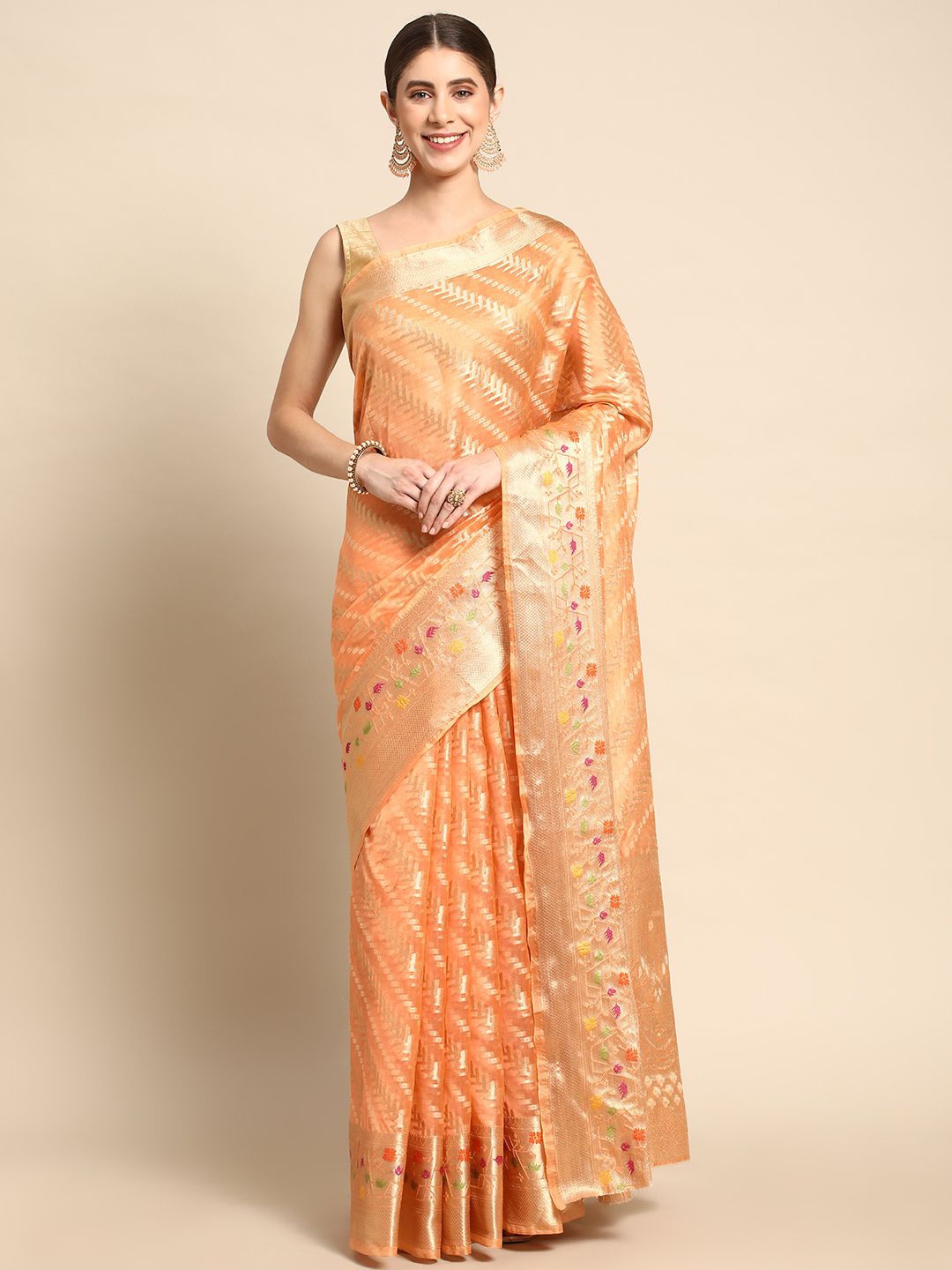 

KIMISHA Woven Design Zari Organza Kanjeevaram Saree, Orange