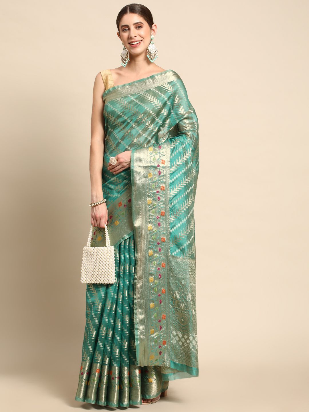 

KIMISHA Woven Design Zari Organza Kanjeevaram Saree, Green