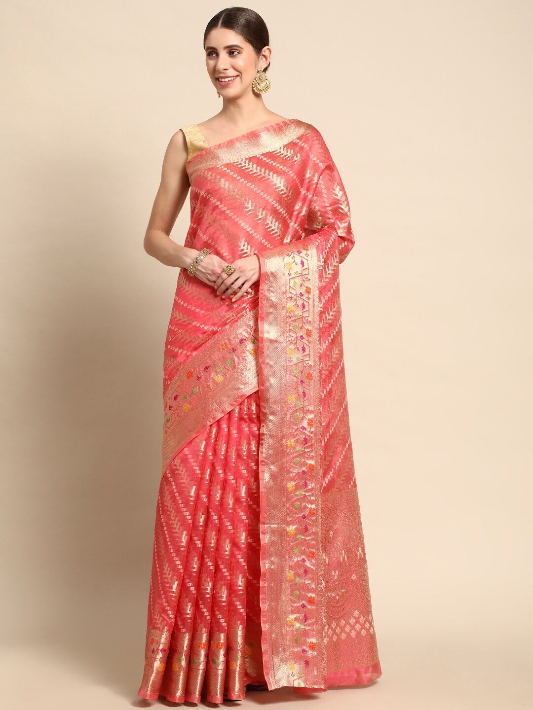 

KIMISHA Woven Design Zari Organza Kanjeevaram Saree, Pink