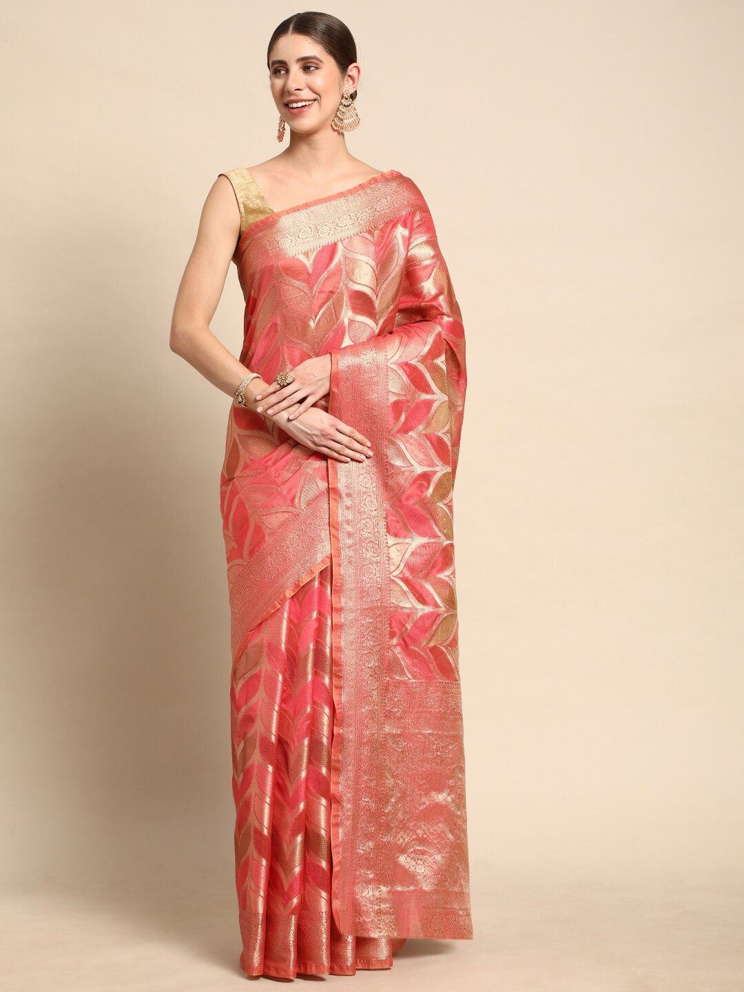 

KIMISHA Ethnic Motifs Zari Organza Kanjeevaram Saree, Pink