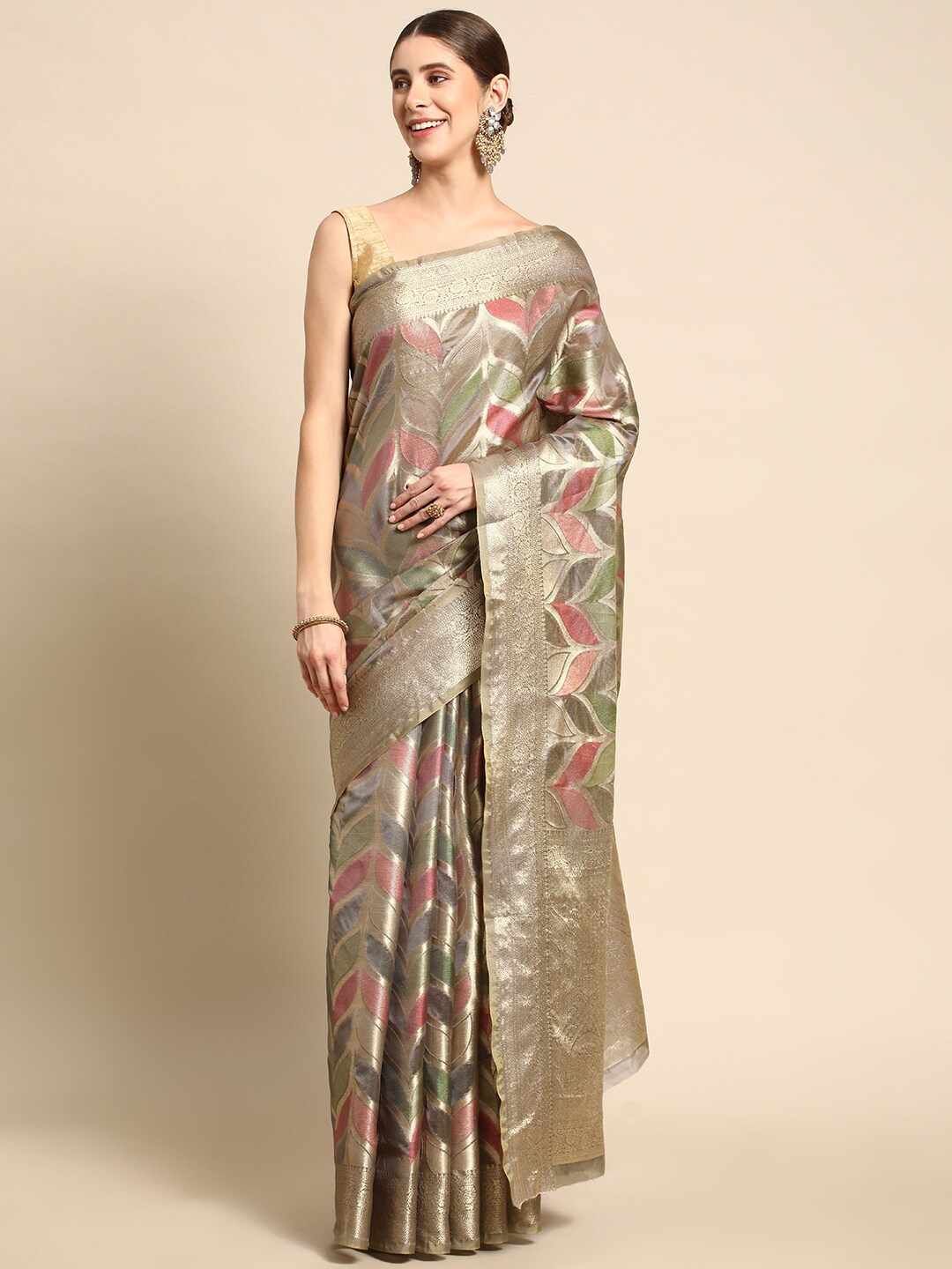 

KIMISHA Woven Design Zari Organza Kanjeevaram Saree, Grey