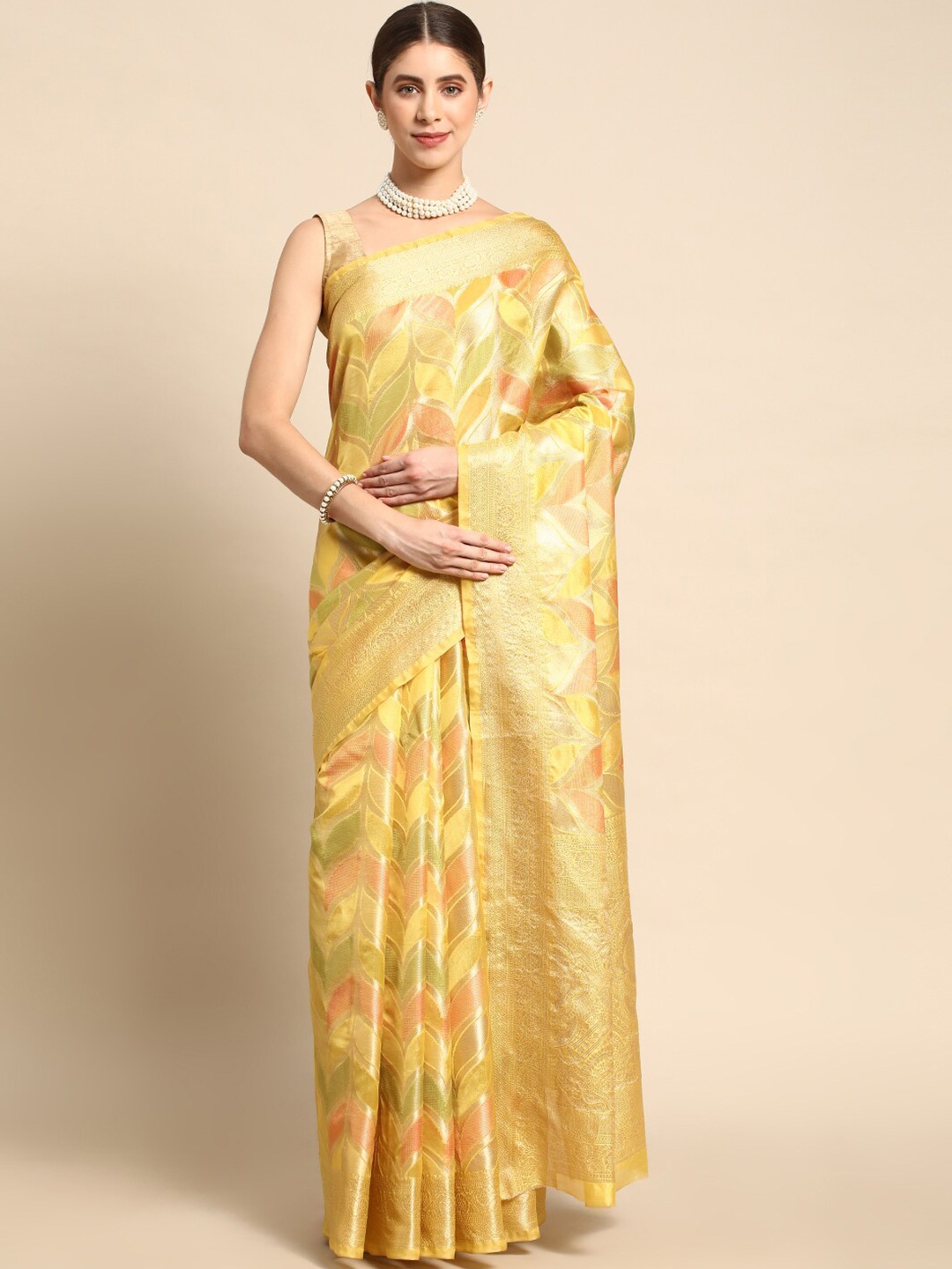 

KIMISHA Woven Design Zari Organza Kanjeevaram Saree, Yellow