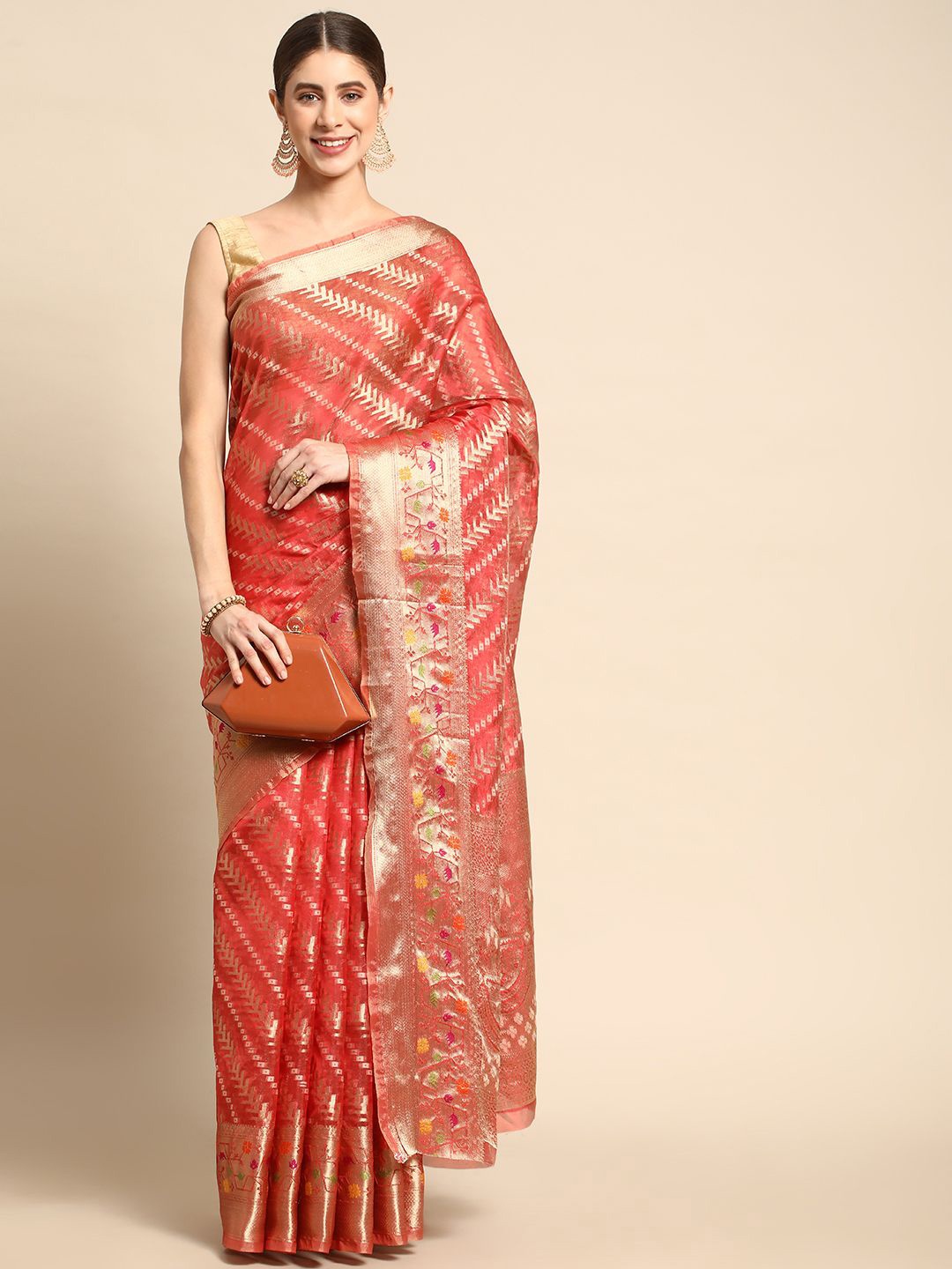 

KIMISHA Woven Design Zari Organza Kanjeevaram Saree, Rust