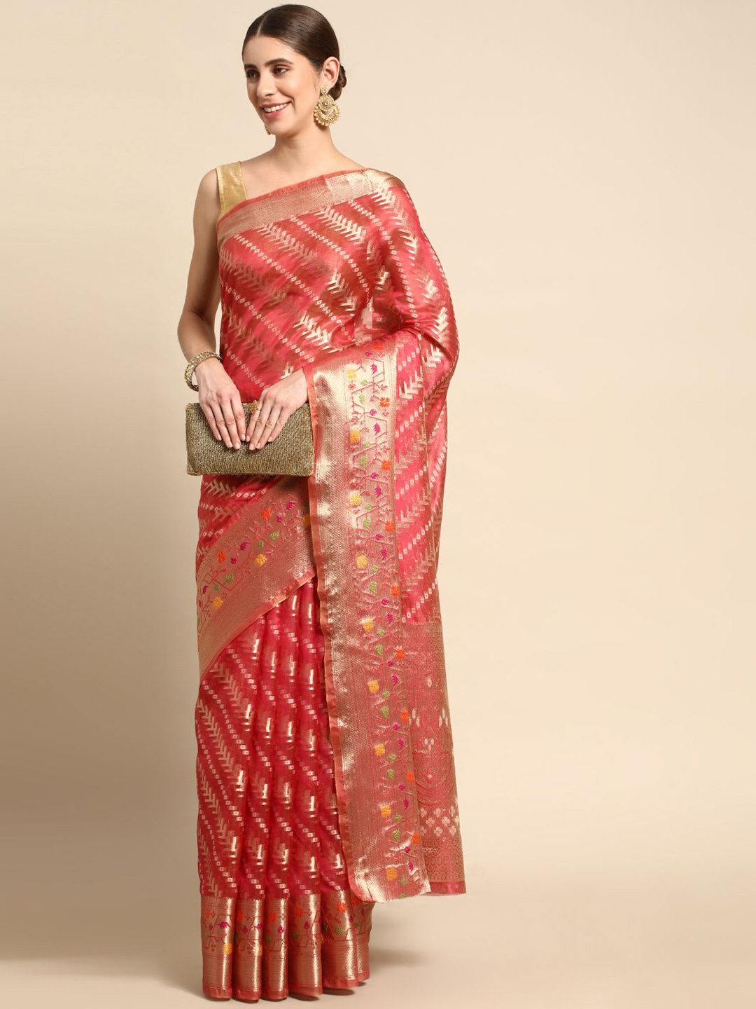 

KIMISHA Woven Design Zari Organza Kanjeevaram Saree, Pink