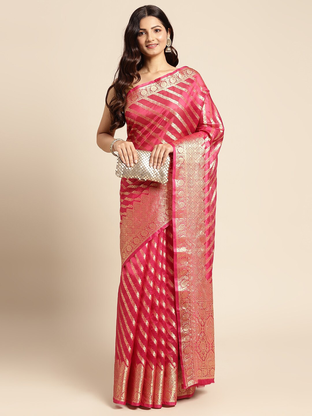

KIMISHA Woven Design Zari Organza Kanjeevaram Saree, Pink