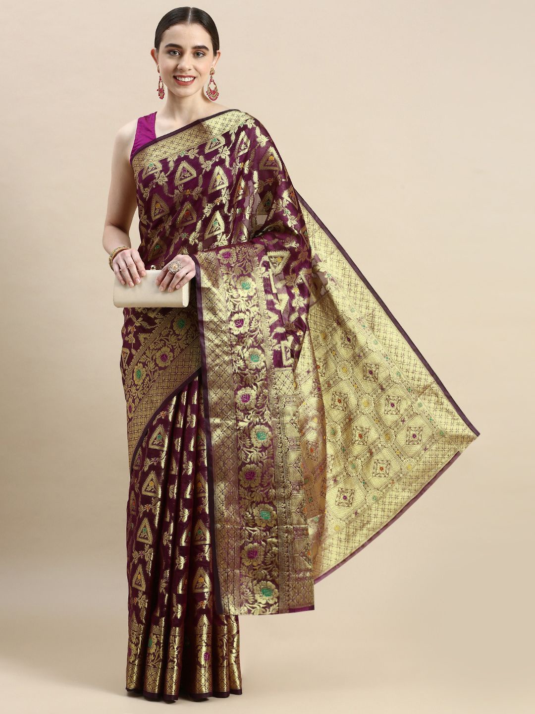 

KIMISHA Ethnic Motifs Zari Organza Kanjeevaram Saree, Purple